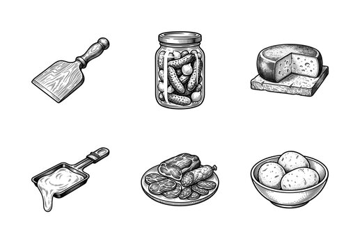 Vintage engraving style illustration of raclette dinner set featuring melted cheese, potatoes, pickles, and cold cuts