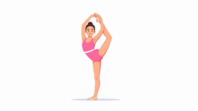 Young athlete in pink leotard performs graceful ballet pose on white background