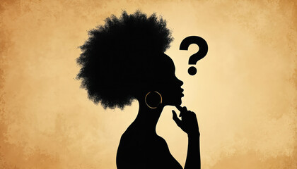Naklejka na ściany i meble Black woman silhouette ponder over question mark. Woman thinks, considers choice, seeks answer. Female face shows contemplation, doubt, seeks solution. Mind, idea, doubt, planning.