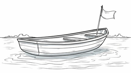 Hand Drawn Sketch of a Rowboat with a Flag on Water.