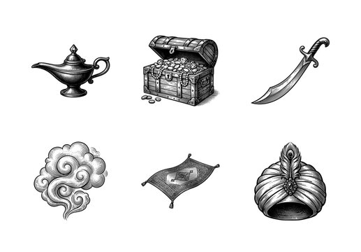 Vintage engraving style collection of mythical middle eastern folklore elements including oil lamp treasure chest and scimitar