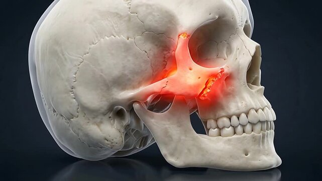 Close Up Of A Human Skull Showing A Fractured Zygomatic Bone And Maxilla With Red Inflammation Indicating Pain And Injury On A Dark Gray Studio