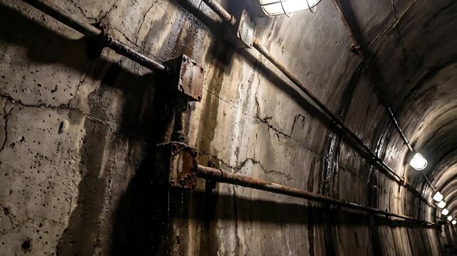 Abandoned Concrete Tunnel Interior With Rusty Pipes And Water Dripping Under Dim Industrial Lighting