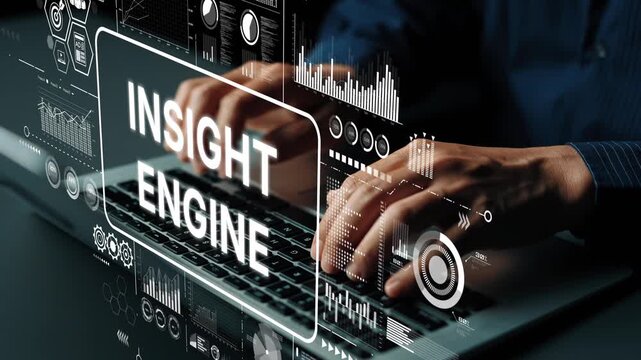 Hands Typing on a Laptop with Data Visualization Elements and Insight Engine Concept in a Modern Workspace. Asymptotic smart data analytic.