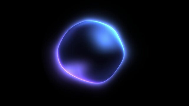 Abstract glowing fluid shape with blue and purple neon light border on black