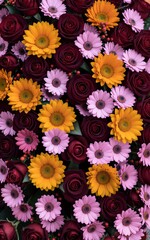 Fototapeta premium Vibrant flowers in warm hues create a lush, colorful floral arrangement.
