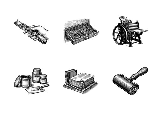 Vintage letterpress printing collection featuring hand engraved illustrations of wood type, printing press, ink rollers, and typesetting tools