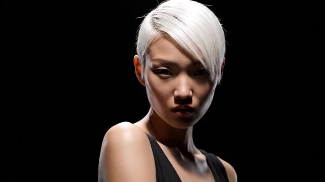 Confident Asian Woman with Platinum Blonde Hair Posing Against a Dark Background.
