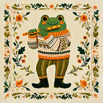 Thread Art Frog Playing Flute in a Floral Frame