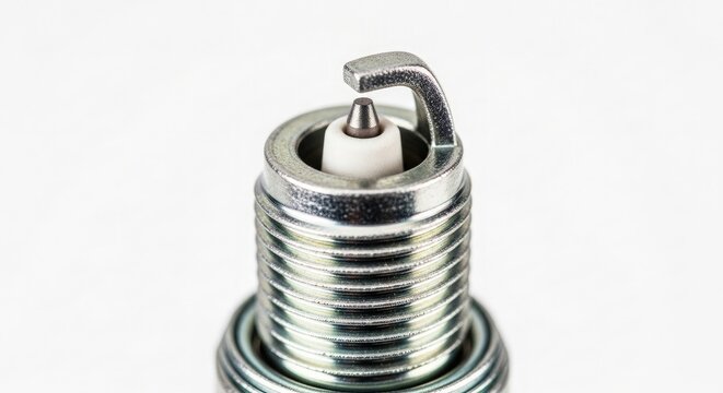Close-up view of a new, clean spark plug, an essential ignition component for internal combustion engines, highlighting its electrode and threaded body