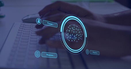 Typing female hands wearing dark sleeves using digital brain UI at desk, laptop keys trackpad mouse