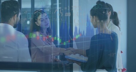 Shaking hands, four staff wearing suits exchanging notebook in office lobby with chart reflections © vectorfusionart