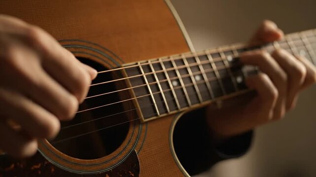 Close-up view of a person's hands skillfully playing an acoustic guitar, focusing on the strings and fretboard.