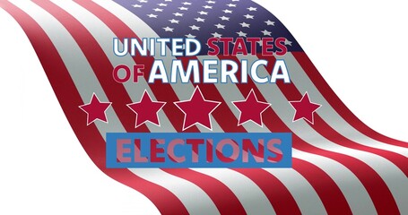 Displaying waving US flag graphic with UNITED STATES OF AMERICA title, five stars, ELECTIONS label