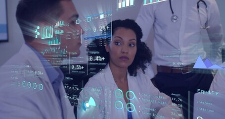 Presenting female doctor leading briefing in clinic, with lab coats, stethoscope and holograms
