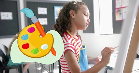 Fototapeta premium Painting girl at easel in art room, holding brush, wearing blue apron, striped tee, palette graphic