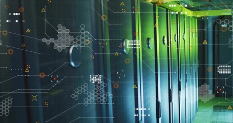 Glowing server cabinets showing vent grilles, LEDs in data center aisle with HUD overlays