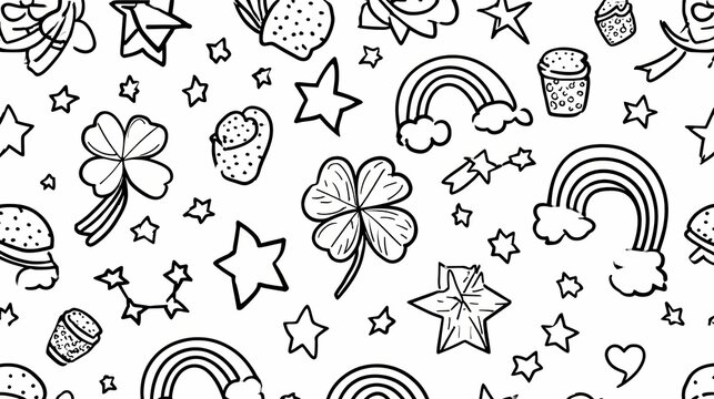 Seamless Doodle Pattern of Lucky Charms and Celestial Elements.