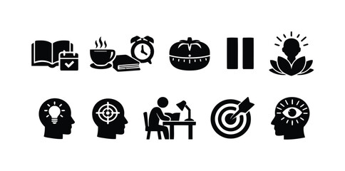 Black and white icons for productivity education and personal growth concepts on white background