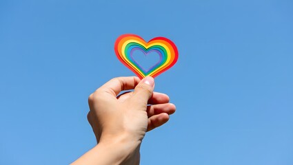 Hand Holding Colorful Rainbow Heart Against Clear Blue Sky