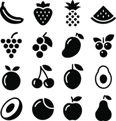 Fruit Glyph Icon Set  Fresh Tropical and Common Fruits Solid Pictograms