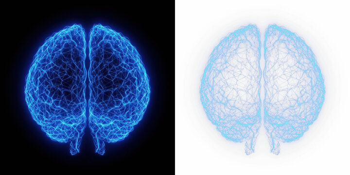 Abstract AI Human Brain Neural Network Visualization with Glowing Blue Neon Lines, Artificial Intelligence Neural Connectivity Structure, Digital Mind Mesh, Machine Learning Brain Interface Concept Is