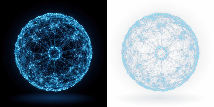 Artificial Intelligence Neural Network Sphere with Glowing Blue Mesh Structure, AI Data Connections, Deep Learning Algorithm Network Visualization, Digital Intelligence Node System Technology Concept 