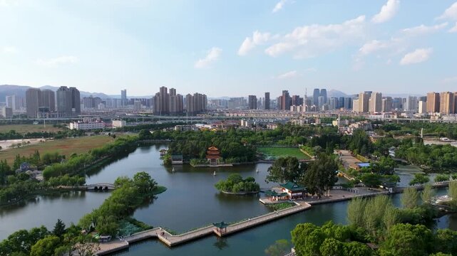 Kunming City Skyline with Daguan Tower and Waterways Aerial View