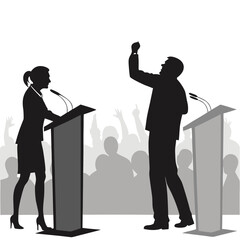 A stark depiction of a man and woman standing at podiums delivering speeches or presentations in silhouette high quality