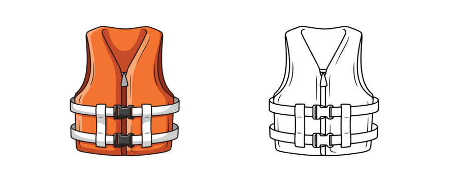 Safety life jacket cartoon illustration in bright orange color with white straps and black buckles on a clean white background, shown in color and line art styles