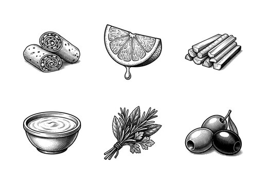 Set of monochrome hand drawn food illustrations featuring wraps, lime, cinnamon sticks, dipping sauce, herbs, and olives in a vintage woodcut style