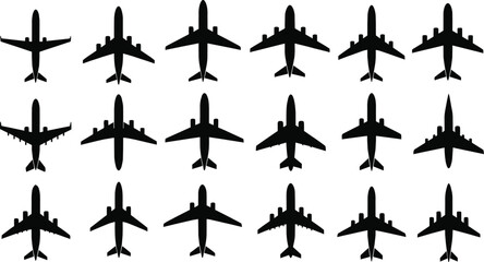 Airplane and jet silhouette icons, passenger aircraft flight top view, aviation travel and transport vector illustrations, airline wing