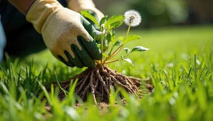 Naklejka premium Gloved hands carefully pull a dandelion weed from green grass lawn. Gardener removes unwanted plant with roots from garden soil. Yard work and lawn care process.