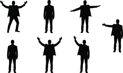 Businessman silhouettes collection showing male business people standing, greeting and presenting poses isolated on white background corporate concept © Mehedi