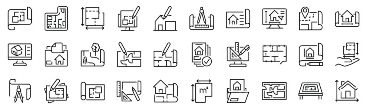 Architectural floor plan and house blueprint icons for construction and design