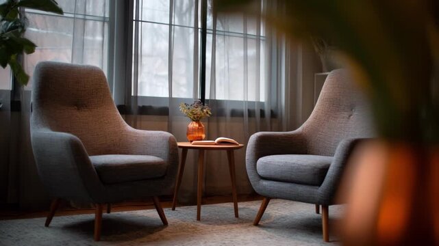 Comfortable couples counseling room captured in medium shot highlighting two focused chairs separated by a small table with softly diffused background elements preserving privacy.