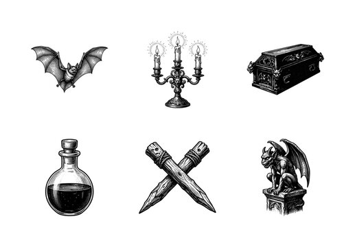 Set of gothic horror illustrations featuring vampire motifs and mystical artifacts in a detailed black and white engraving style.