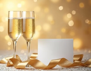 Fototapeta premium Two champagne glasses filled with bubbly drink sit beside blank card and golden ribbon. Festive gold bokeh background suggests celebration or special event. Ready for custom message.