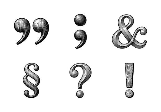 Set of classic punctuation marks and symbols in a vintage woodcut engraving style featuring quotation marks ampersand semicolon section sign and exclamation point
