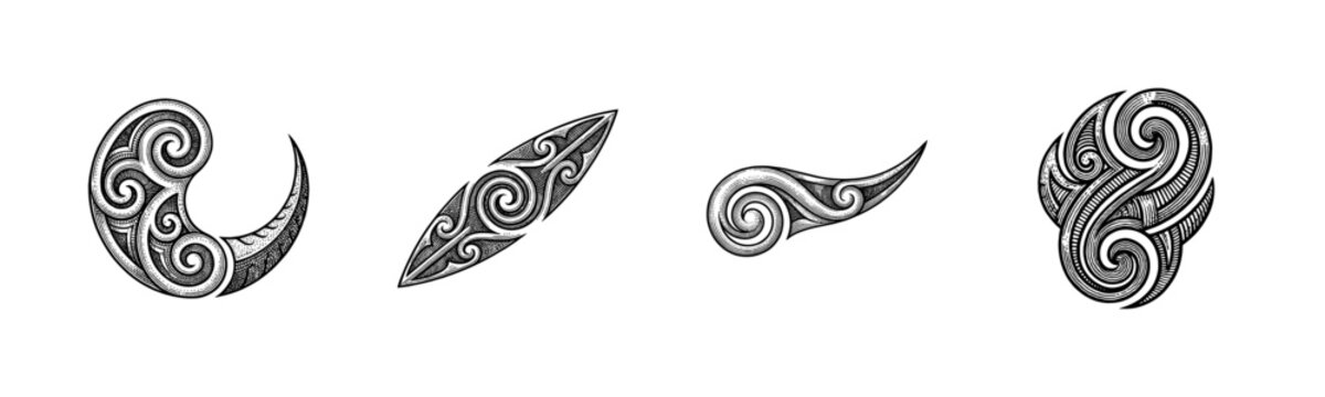 Traditional Polynesian and Maori inspired tribal tattoo motifs featuring intricate koru spirals and scrollwork in a hand drawn etching style.