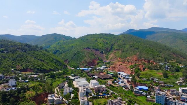 Xishan Scenic Area Aerial View with Red Cliffs and Mountains