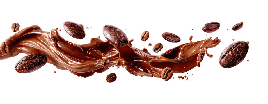 A dark background with splashing chocolate and floating coffee beans