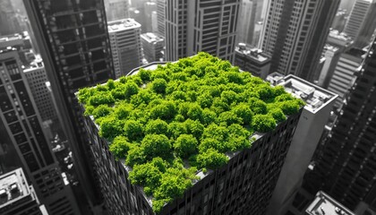 Naklejka premium Urban skyscraper contrasts with bright green rooftop garden. This scene blends city architecture with nature. Green space offers urban renewal and eco-friendly design. Sustainable city living concept.