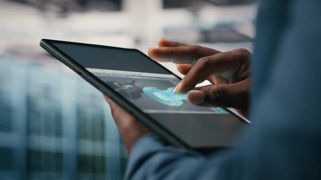 Close up of data center engineer using AI software on tablet to optimize performance and forecast issues. Programmer integrating artificial intelligence automation in data center operations, camera B