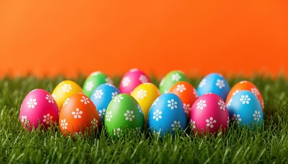 Fototapeta premium Easter Egg Extravaganza: A vibrant collection of brightly painted Easter eggs, nestled amidst lush green grass against a sunny orange background, offering a cheerful reminder of renewal and spring.