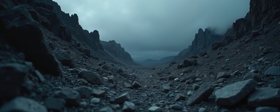 Barren rocky canyon with sharp peaks and cloudy sky. Dark, desolate wasteland with stony ground. Vast, empty valley under moody atmosphere. Cosmic, alien terrain.