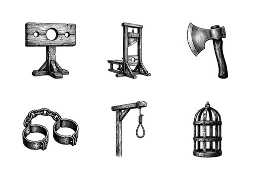 Collection of medieval execution and punishment equipment in a vintage woodcut engraving style