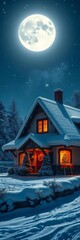Obraz premium Snow-covered Christmas house shines bright under full moon's silver glow, ||full moon, seasonal magic