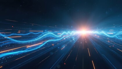 Fototapeta premium Digital abstract background shows blue and orange light trails moving fast forward. Endless network lines create futuristic tunnel effect with bright sun burst.