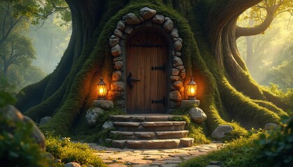 Fototapeta premium Ancient mossy tree trunk has a wooden door with stone stpic and lanterns. Sunlight streams through forest foliage creating a magical, cozy, inviting entrance to a hidden dwelling.
